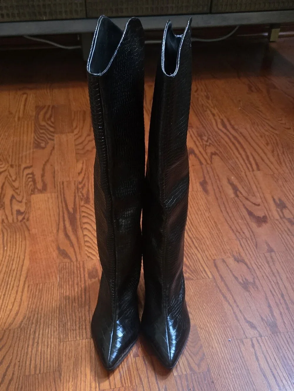 Schutz Analeah Black Leather Croc Embossed Knee High Boots Block Heel Size 10 B